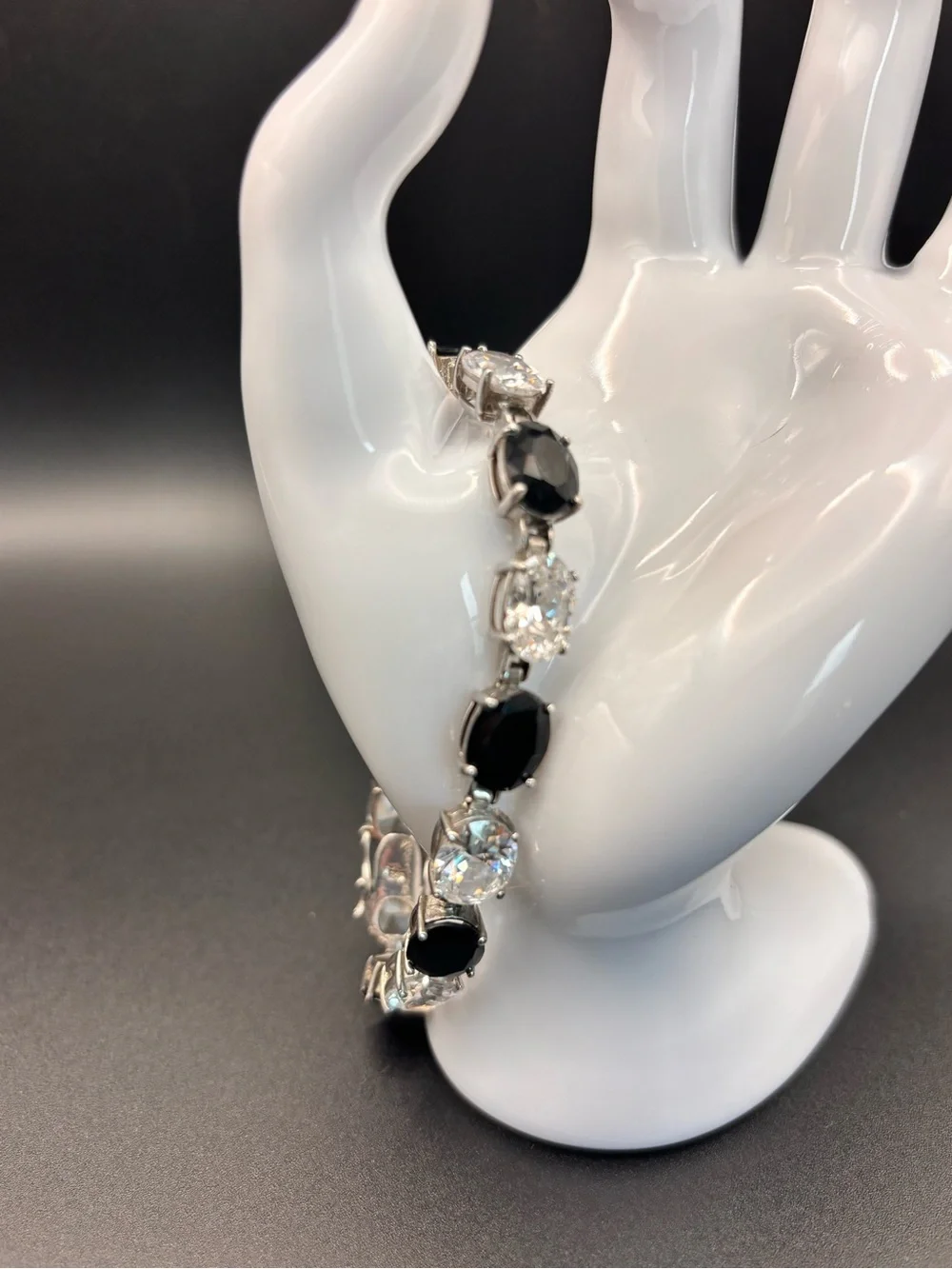 Vintage Sterling Silver 925 Tennis Bracelet with Large Faceted Onyx Zirconia